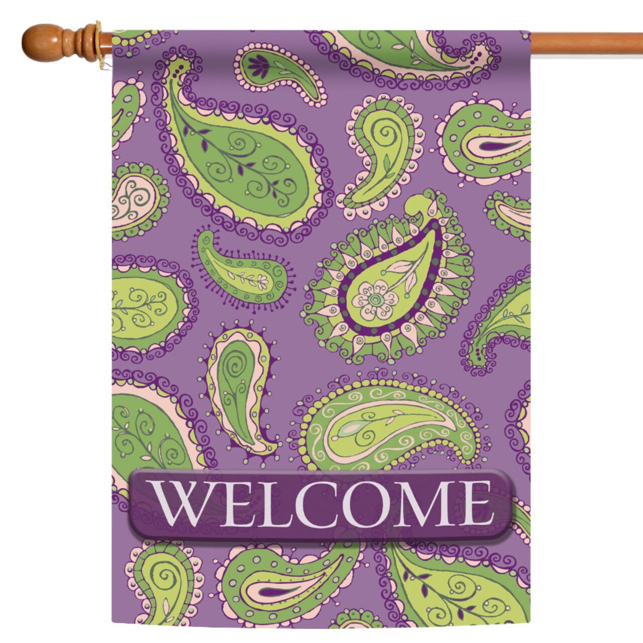 Toland Home Garden Purple and Green Paisley "Welcome" Outdoor House Flag 40" x 28"